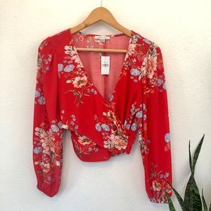 American Eagle Floral Long Sleeve Surplice Wrap Top